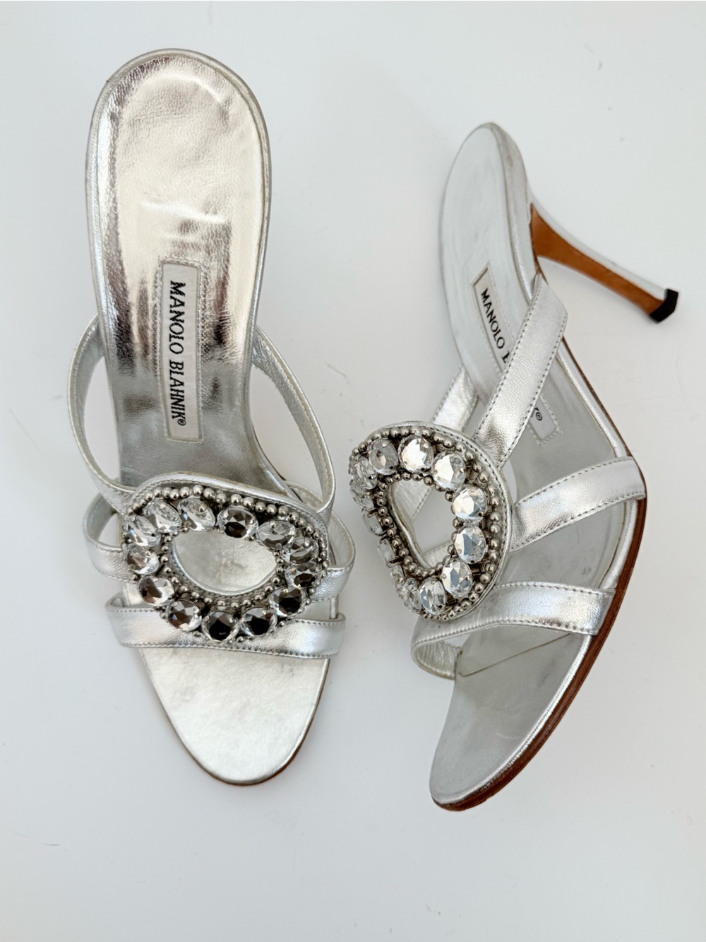 Manolo Blahnik Vintage Silver Crystal Medallion Strappy Stiletto Sandals 38